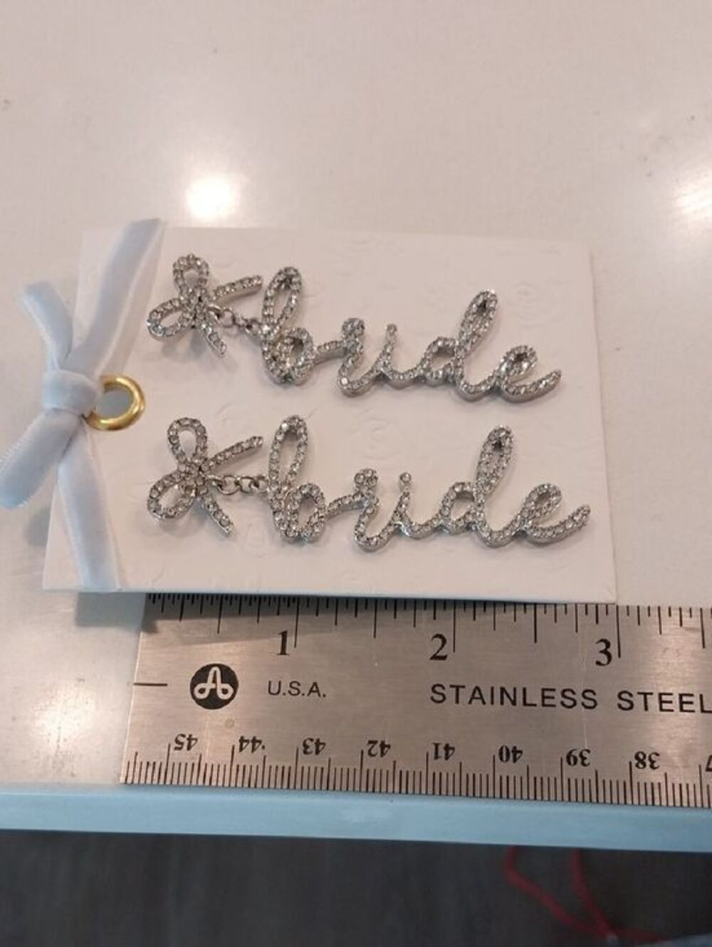 Unlisted Silver Rhinestone 'Bride' Script Dangle Earrings